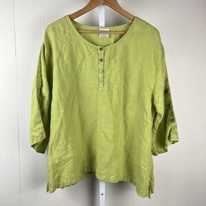 Click by Color Me Cotton Top‎ Womens Large Chartreuse Green 100% Linen USA
